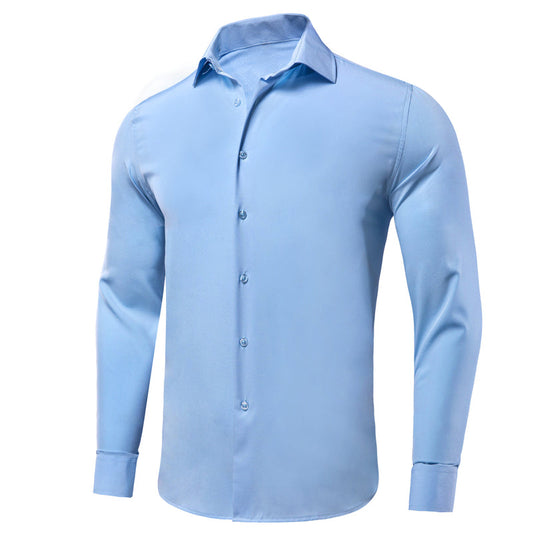 Light Blue Solid Cotton Stretchy Fabric Dress Shirt shirt S   - Sophisticated Gentlemen