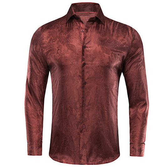 Red Brown Paisley Silk Dress Shirt shirt S   - Sophisticated Gentlemen