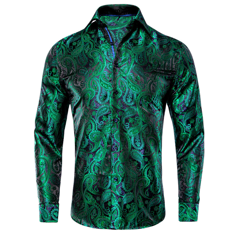 Green Black Paisley Silk Dress Shirt shirt S   - Sophisticated Gentlemen