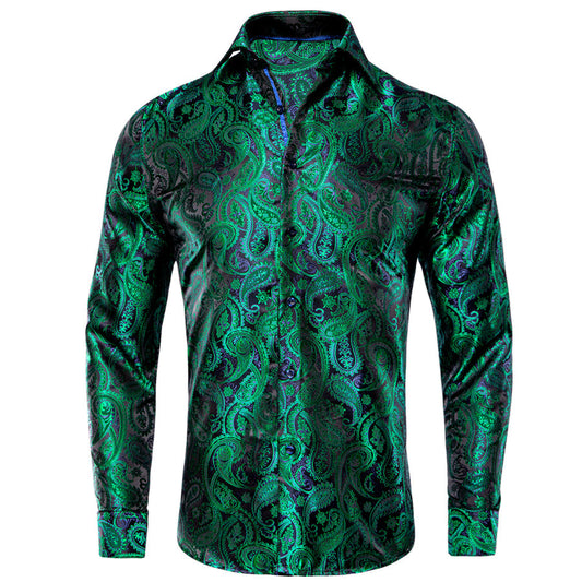 Green Black Paisley Silk Dress Shirt shirt S   - Sophisticated Gentlemen