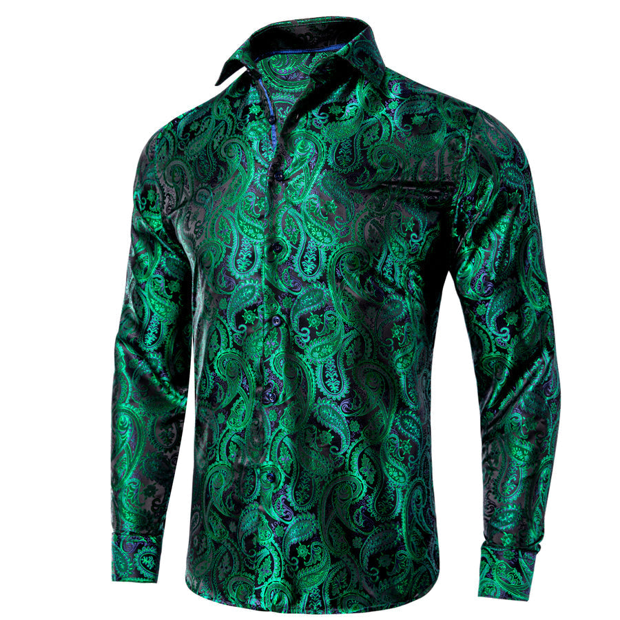 Green Black Paisley Silk Dress Shirt shirt    - Sophisticated Gentlemen