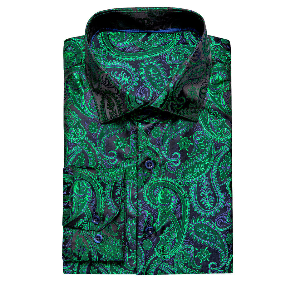 Green Black Paisley Silk Dress Shirt shirt    - Sophisticated Gentlemen