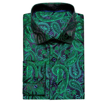 Green Black Paisley Silk Dress Shirt shirt    - Sophisticated Gentlemen
