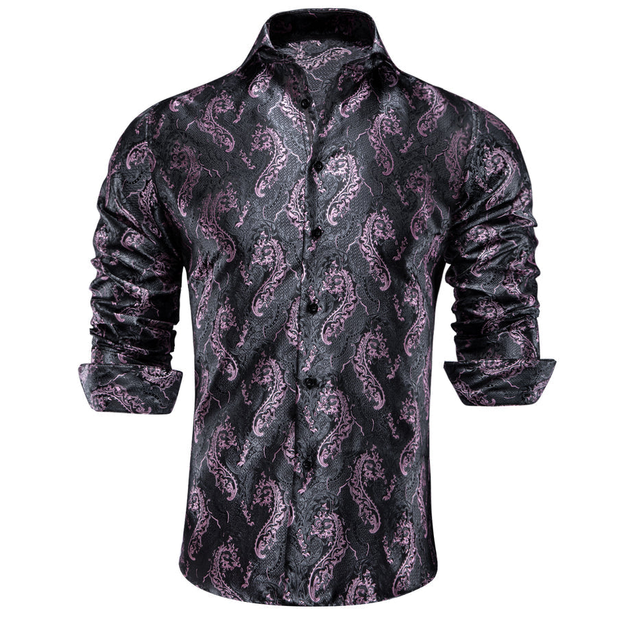 Grey Pink Paisley Pattern Silk Dress Shirt shirt S   - Sophisticated Gentlemen