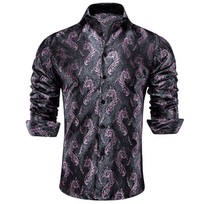 Grey Pink Paisley Pattern Silk Dress Shirt shirt S   - Sophisticated Gentlemen