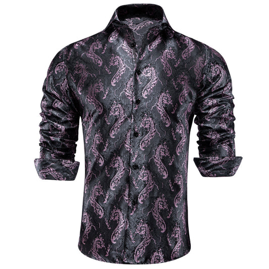 Grey Pink Paisley Pattern Silk Dress Shirt shirt S   - Sophisticated Gentlemen