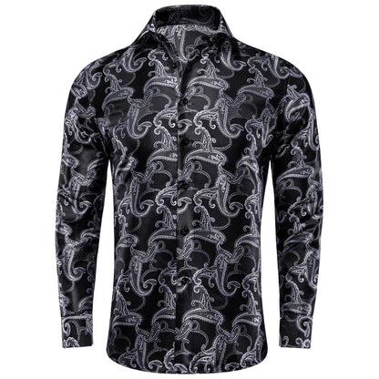 Black White Paisley Pattern Silk Dress Shirt shirt S   - Sophisticated Gentlemen