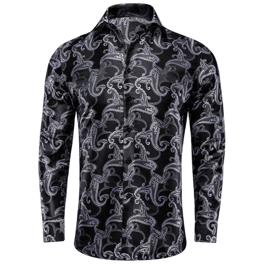 Black White Paisley Pattern Silk Dress Shirt shirt S   - Sophisticated Gentlemen