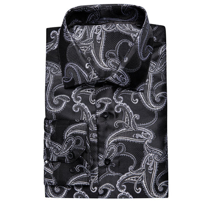 Black White Paisley Pattern Silk Dress Shirt shirt    - Sophisticated Gentlemen