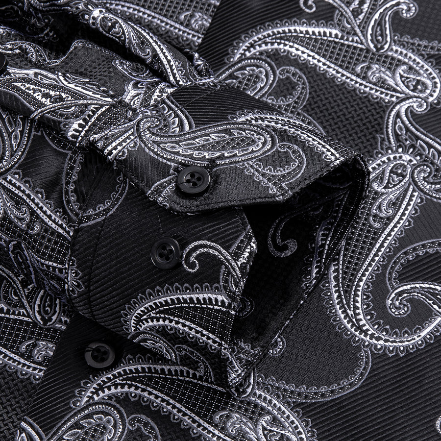 Black White Paisley Pattern Silk Dress Shirt shirt    - Sophisticated Gentlemen