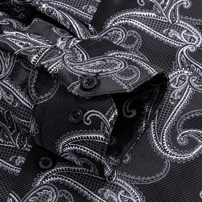 Black White Paisley Pattern Silk Dress Shirt shirt    - Sophisticated Gentlemen