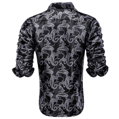 Black White Paisley Pattern Silk Dress Shirt shirt    - Sophisticated Gentlemen