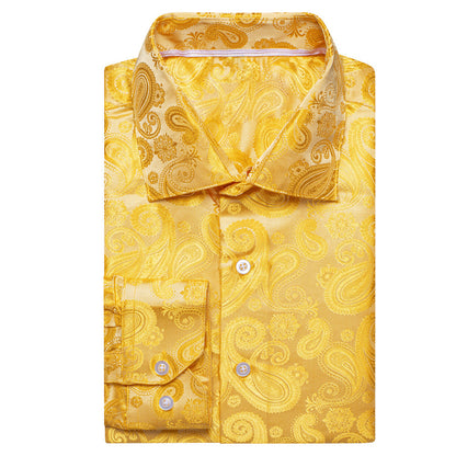 Yellow Golden Paisley Silk Dress Shirt shirt    - Sophisticated Gentlemen
