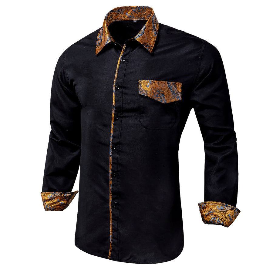 Black Golden Stitching Silk Dress Shirt shirt    - Sophisticated Gentlemen