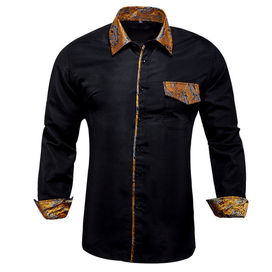 Black Golden Stitching Silk Dress Shirt shirt S   - Sophisticated Gentlemen