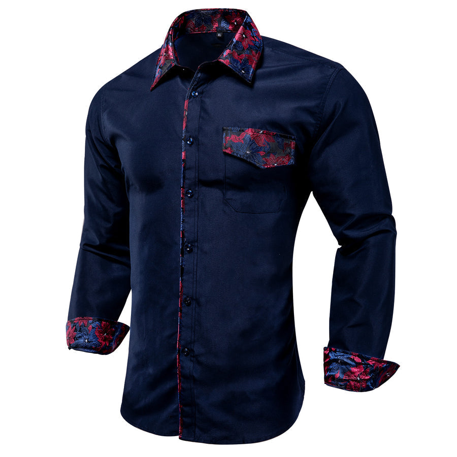 Deep Blue Red Stitching Silk Dress Shirt shirt    - Sophisticated Gentlemen