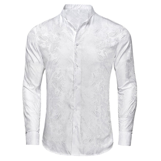 Pure White Paisley Silk Dress Shirt shirt S   - Sophisticated Gentlemen