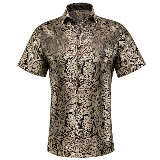 Champagne Black Paisley Silk Dress Shirt shirt S   - Sophisticated Gentlemen