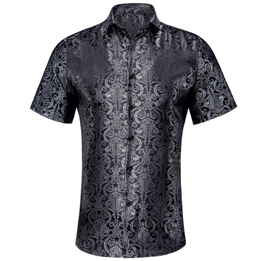 Silver Black Floral Silk Dress Shirt shirt S   - Sophisticated Gentlemen
