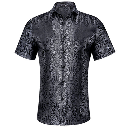 Silver Black Floral Silk Dress Shirt shirt S   - Sophisticated Gentlemen