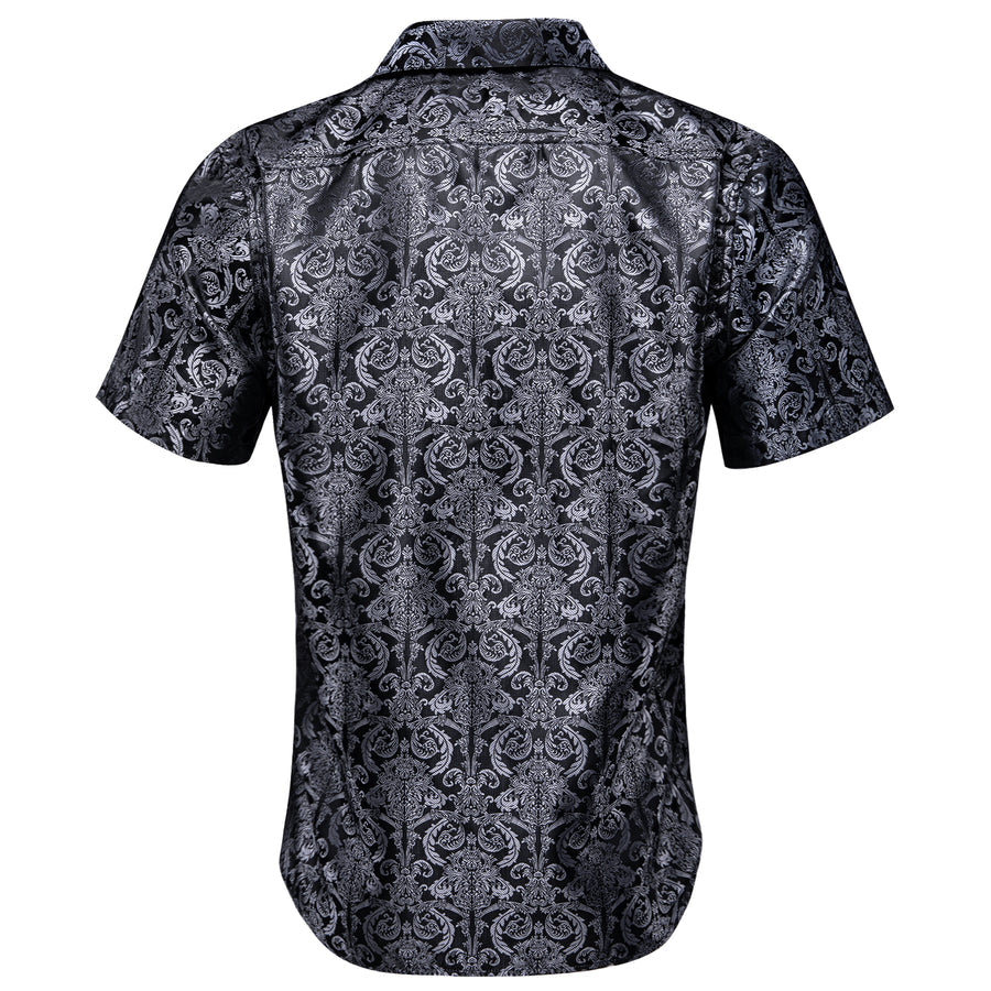 Silver Black Floral Silk Dress Shirt shirt    - Sophisticated Gentlemen
