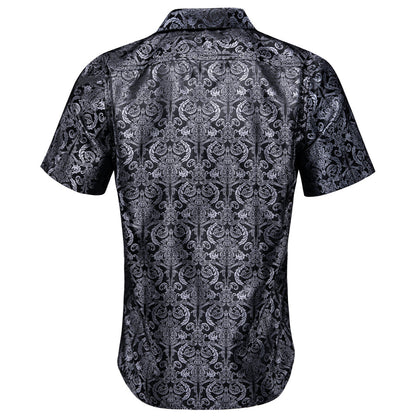 Silver Black Floral Silk Dress Shirt shirt    - Sophisticated Gentlemen