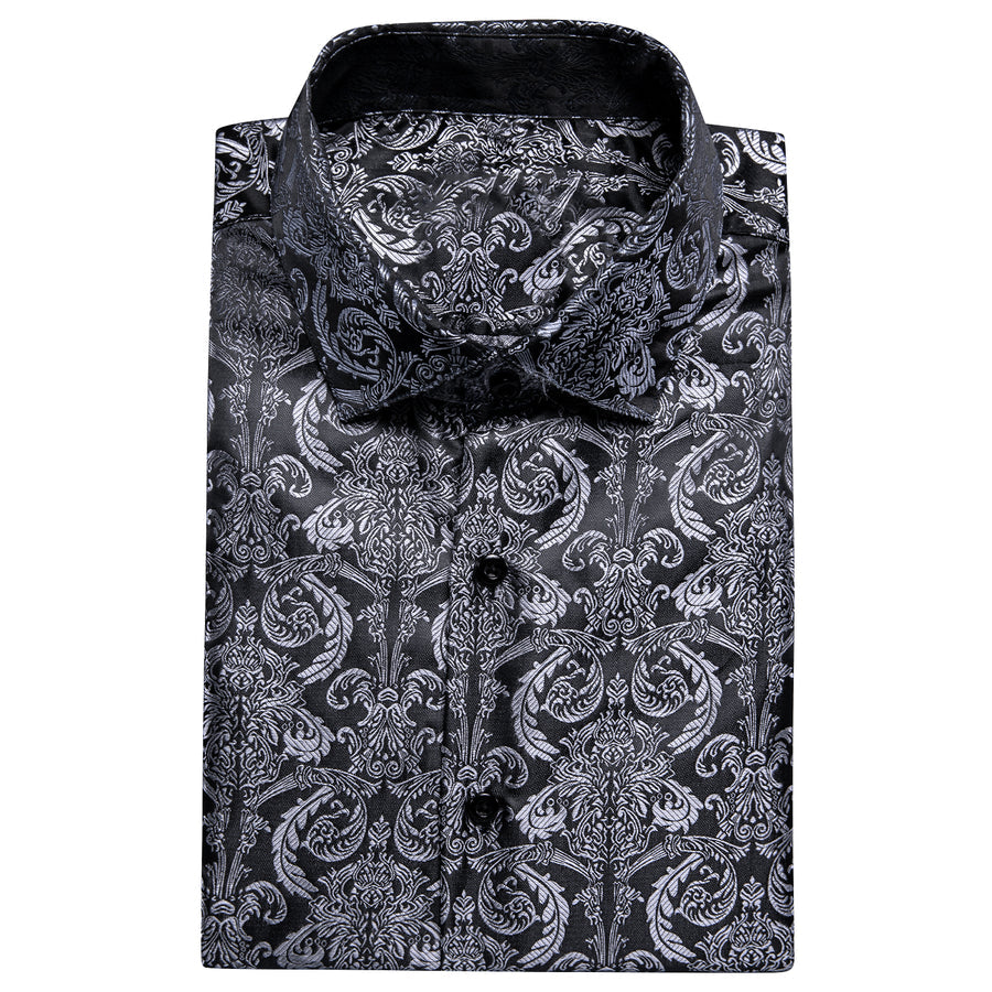 Silver Black Floral Silk Dress Shirt shirt    - Sophisticated Gentlemen