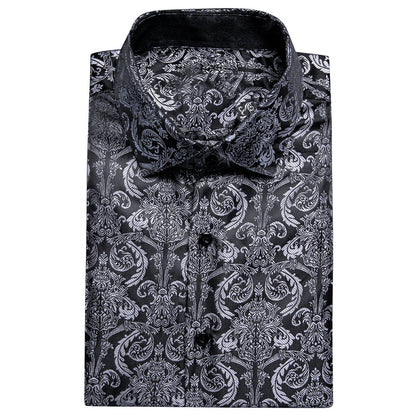 Silver Black Floral Silk Dress Shirt shirt    - Sophisticated Gentlemen