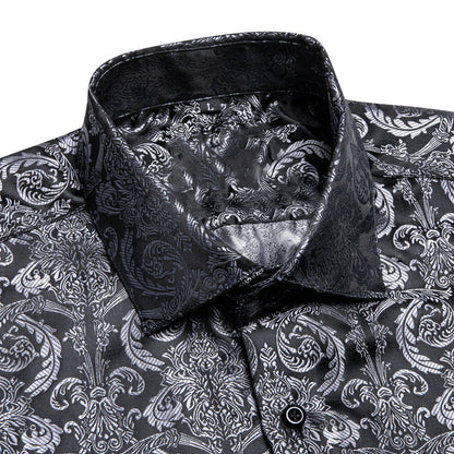 Silver Black Floral Silk Dress Shirt shirt    - Sophisticated Gentlemen