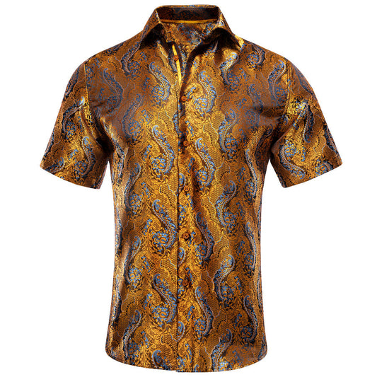 Golden With Blue Paisley Silk Dress Shirt shirt S   - Sophisticated Gentlemen