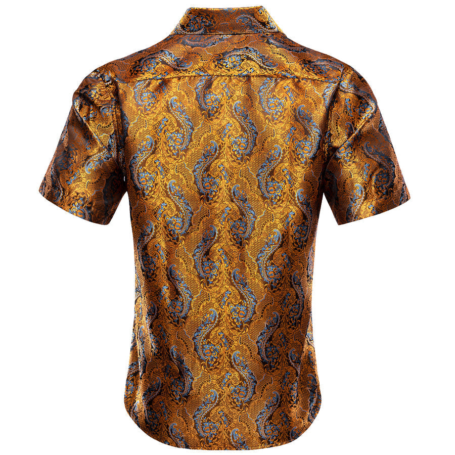 Golden With Blue Paisley Silk Dress Shirt shirt    - Sophisticated Gentlemen