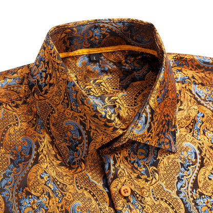 Golden With Blue Paisley Silk Dress Shirt shirt    - Sophisticated Gentlemen