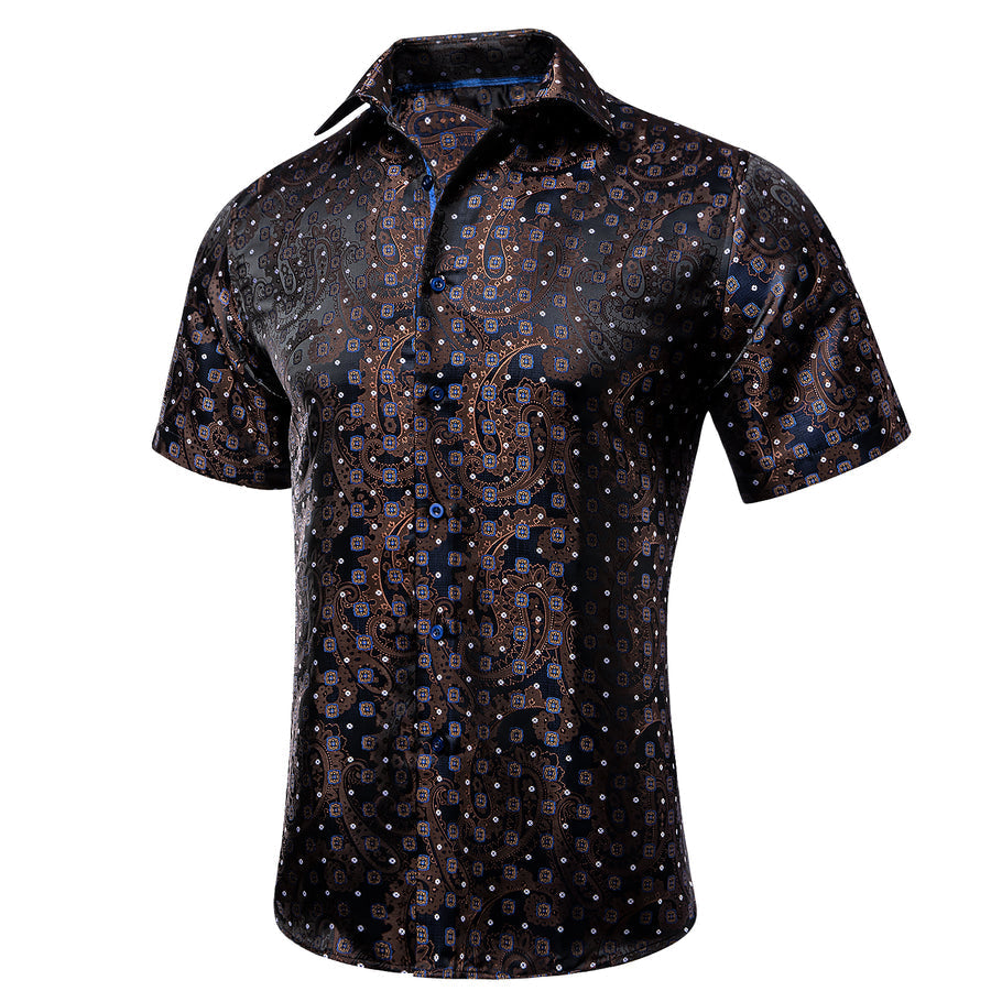 Brown Blue Paisley Silk Dress Shirt shirt S   - Sophisticated Gentlemen
