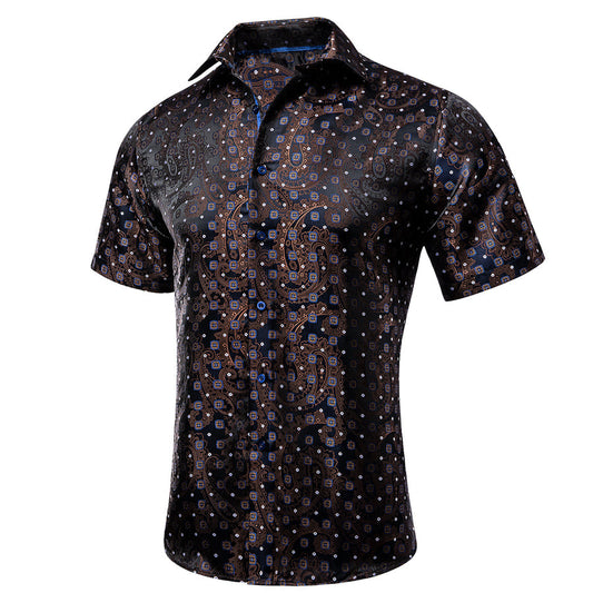Brown Blue Paisley Silk Dress Shirt shirt S   - Sophisticated Gentlemen