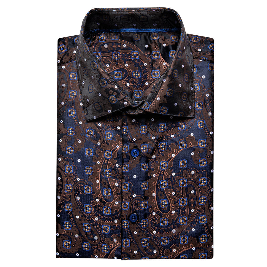 Brown Blue Paisley Silk Dress Shirt shirt    - Sophisticated Gentlemen