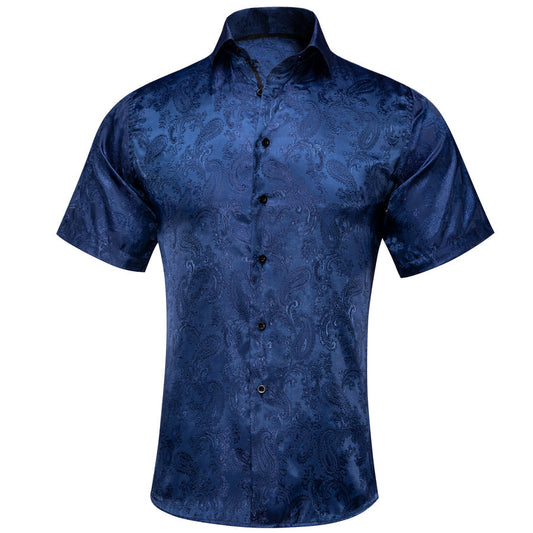 Pure Dark Blue Paisley Silk Dress Shirt shirt S   - Sophisticated Gentlemen