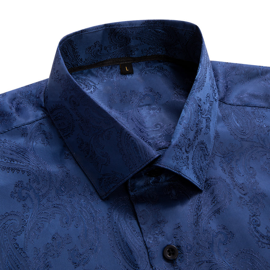 Pure Dark Blue Paisley Silk Dress Shirt shirt    - Sophisticated Gentlemen