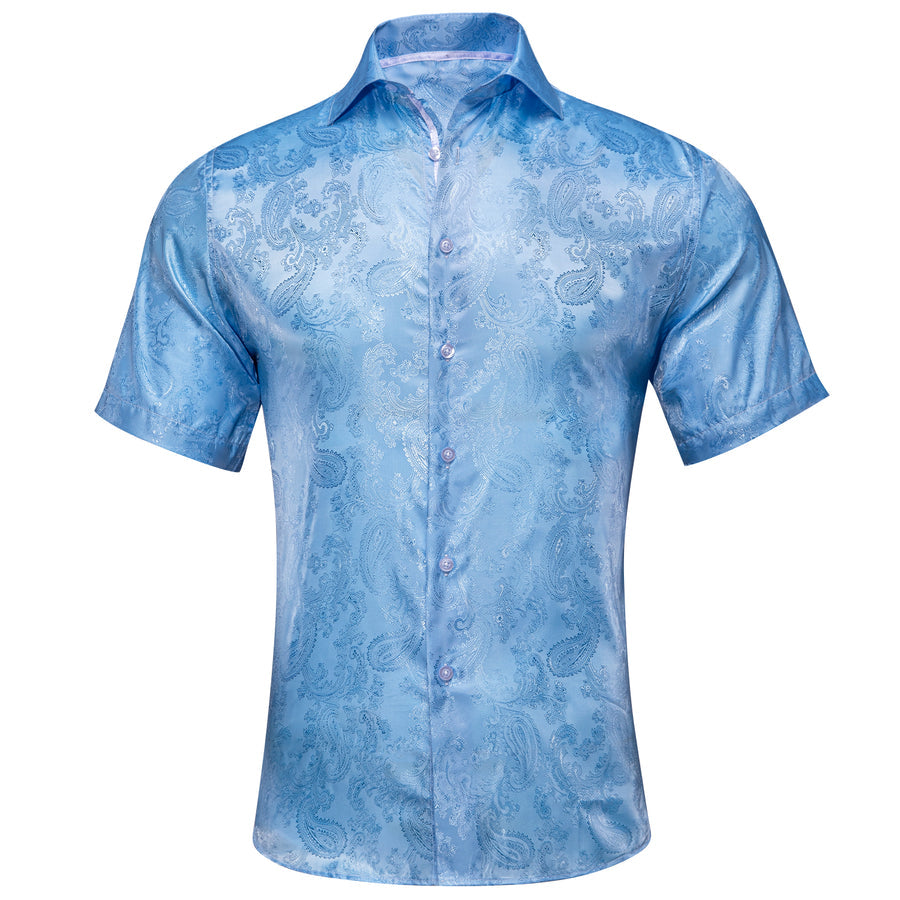 Sky Blue Paisley Silk Dress Shirt shirt S   - Sophisticated Gentlemen