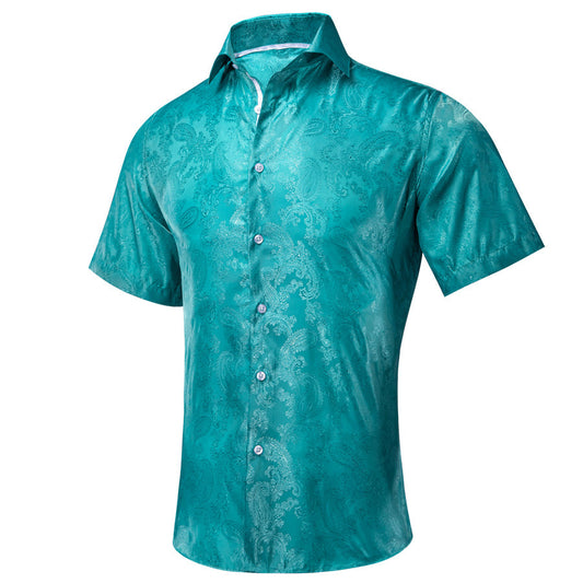 Lake Blue Paisley Silk Dress Shirt shirt S   - Sophisticated Gentlemen
