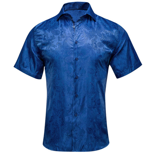 Navy Blue Paisley Silk Dress Shirt shirt S   - Sophisticated Gentlemen