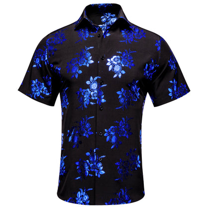 Black Blue Floral Silk Dress Shirt shirt S   - Sophisticated Gentlemen