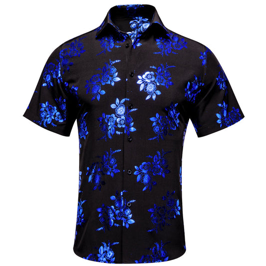 Black Blue Floral Silk Dress Shirt shirt S   - Sophisticated Gentlemen