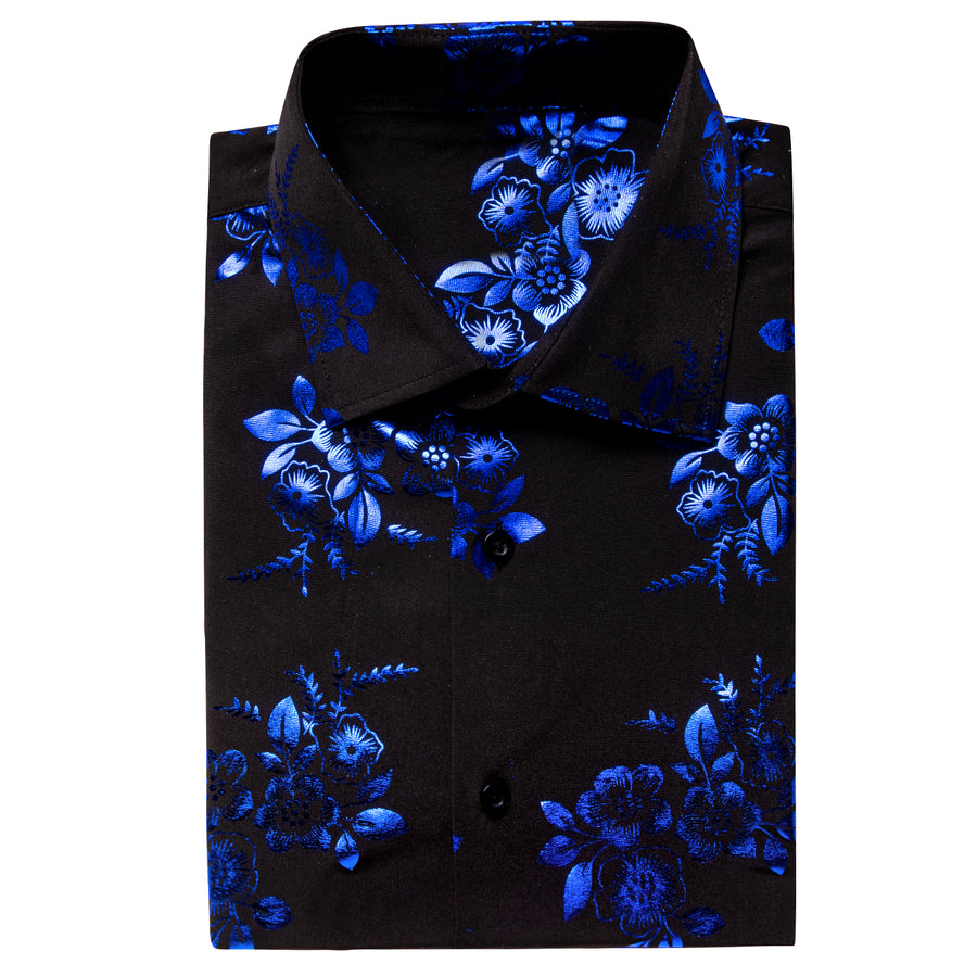 Black Blue Floral Silk Dress Shirt shirt    - Sophisticated Gentlemen