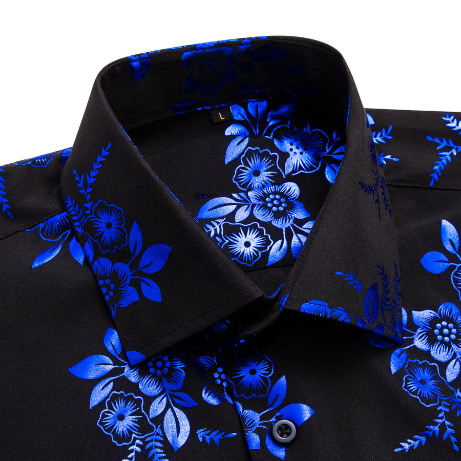 Black Blue Floral Silk Dress Shirt shirt    - Sophisticated Gentlemen