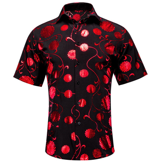 Black With Red Chrysanthemum Floral Silk Dress Shirt shirt S   - Sophisticated Gentlemen