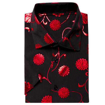 Black With Red Chrysanthemum Floral Silk Dress Shirt shirt    - Sophisticated Gentlemen