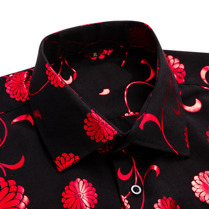 Black With Red Chrysanthemum Floral Silk Dress Shirt shirt    - Sophisticated Gentlemen