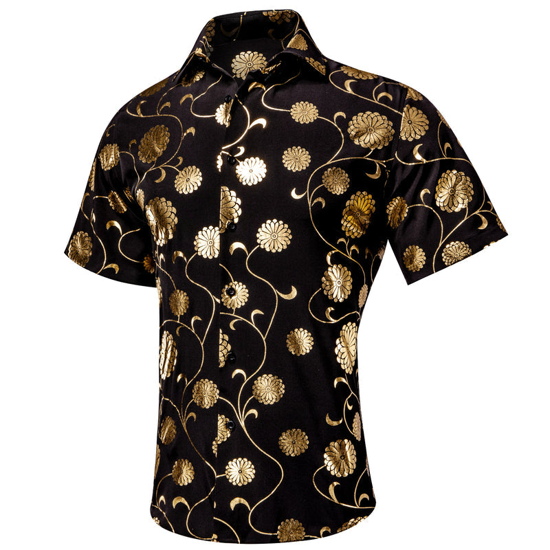Black With Golden Chrysanthemum Floral Silk Dress Shirt shirt S   - Sophisticated Gentlemen