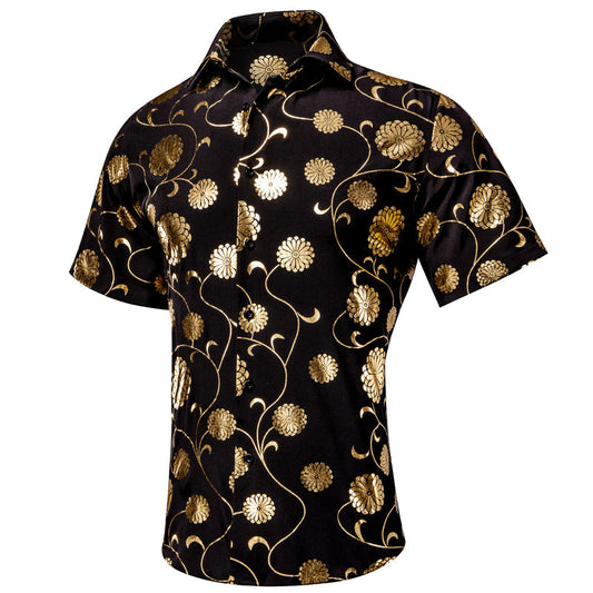 Black With Golden Chrysanthemum Floral Silk Dress Shirt shirt S   - Sophisticated Gentlemen