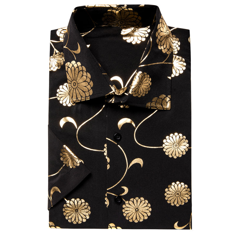 Black With Golden Chrysanthemum Floral Silk Dress Shirt shirt    - Sophisticated Gentlemen